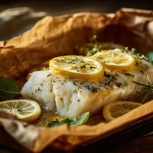 filet de cabillaud au four dans du papier sulfurisé, avec des tranches de citrons et des herbes fraîches