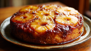 Gâteau à l'ananas caramélisé, bien doré à la sortie du four