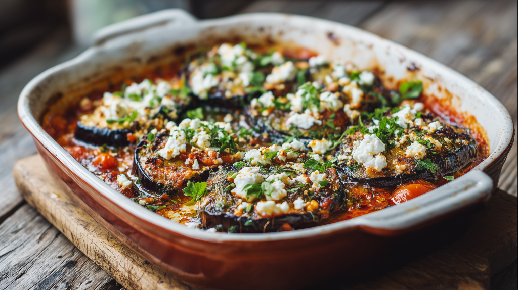 gratin d'aubergines à la feta sorti du four, dans son plat à gratin, bien doré avec les morceaux de fromages par dessus et des herbes fraiches, pret à être dégusté