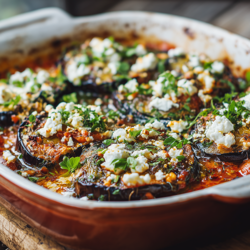 gratin d'aubergines à la feta sorti du four, dans son plat à gratin, bien doré avec les morceaux de fromages par dessus et des herbes fraiches, pret à être dégusté