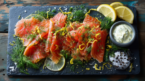 Gravlax de saumon avec des brins d'aneth, des zestes de citron, dans un petit bol une crème citronnée, disposé sur une planche d'ardoise