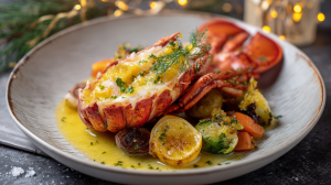 homard rôti au beurre d'ail et aux citrons confits servi façon restaurant gastronomique