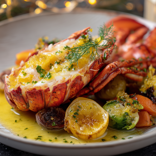 homard rôti au beurre d'ail et aux citrons confits servi façon restaurant gastronomique