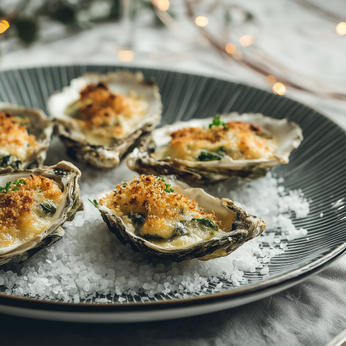 huîtres gratinées au Champagne, servie dans une assiette élégante sur du gros sel, avec une table de fête de fin d'années (Noël ou Jour de l'An)