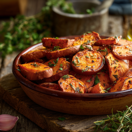 Patates douces au four servies sur une table rustique, avec des gousses d'ail et des herbes