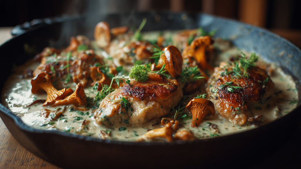 pintade aux girolles, morceaux de volaille bien grillés, sauce crèmeuse au cognac, belles girolles dans la poele en fonte, herbes par dessus