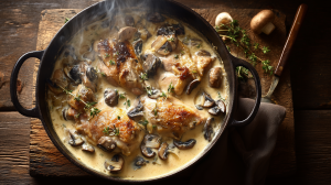 Pintade en cocotte en fonte, avec de la sauce crèmeuse et des champignons