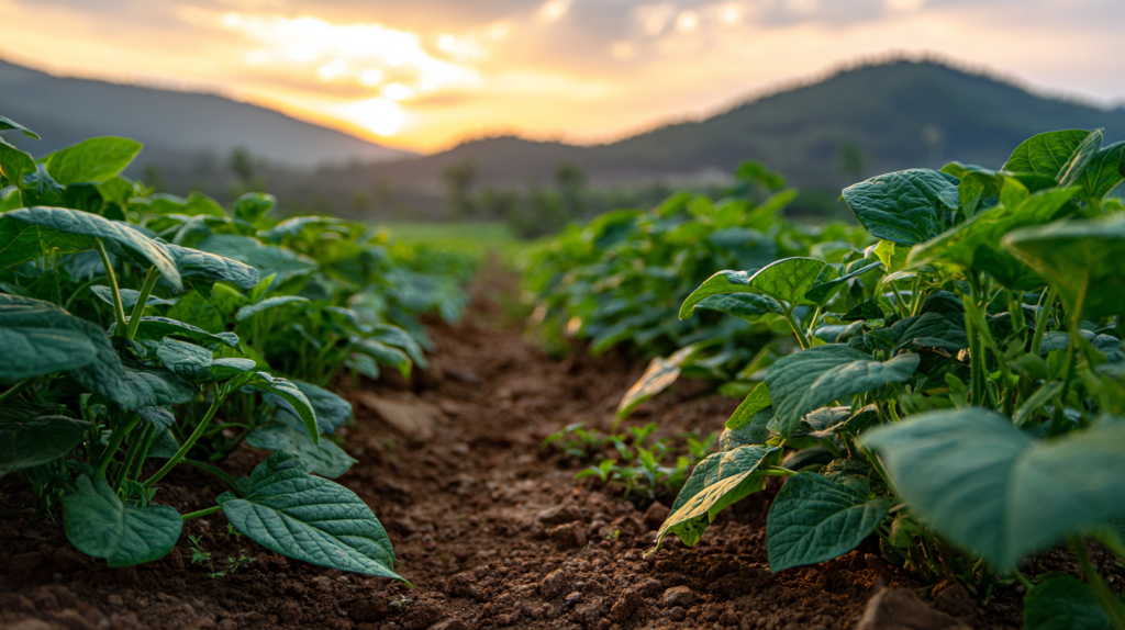 Plants de patate douce derrière un beau paysage de montagnes d'Amérique du Sud