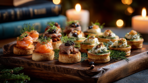 plateau surprise de noël avec des bouchées apéritives spéciales pour célébrer les fêtes de fin d'année