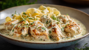 Poulet dans sa sauce au Boursin, ce fameux fromage à l'ail et aux fines herbes. Servi avec une sauce onctueuse, des herbes et des pâtes fraîches.