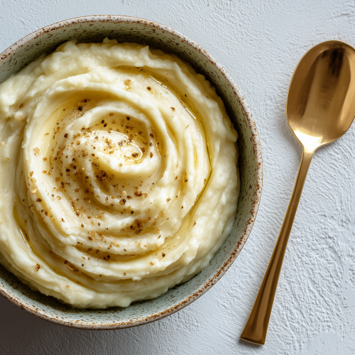 Puree de céleri rave maison, servie dans un bol avec du poivre au moulin