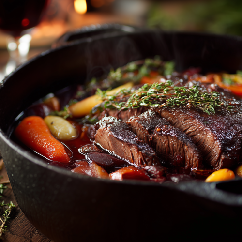 roti de sanglier en cocotte en fonte avec des carottes sur une table rustique
