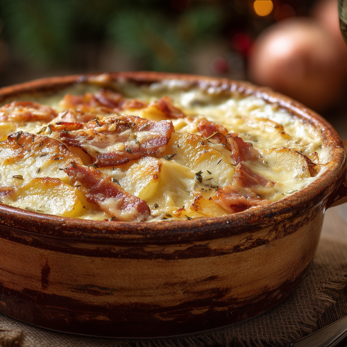 tartiflette au reblochon et à la cancoillotte dans un plat à gratin, bien dorée