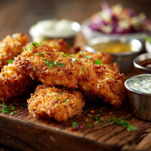 tenders maison, poulet croustillant sur un plateau avec des sauces et du coleslaw