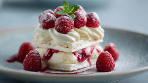 vacherin glacé à la vanille et à la framboise, dressé sur une assiette, façon restaurant étoilé, avec des framboises fraîches (ou surgelées)