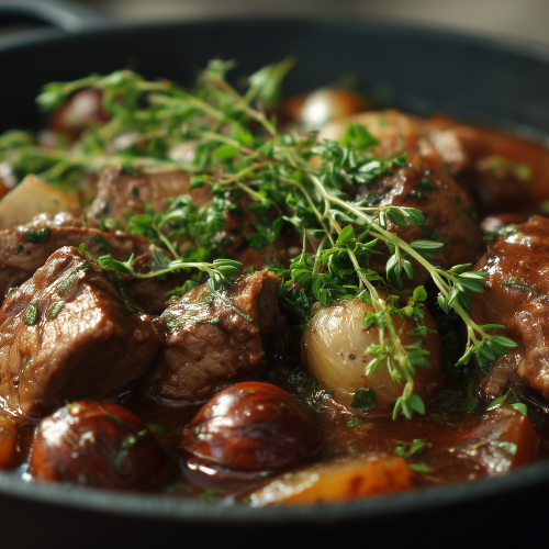veau à la châtaigne et à la pietra (bière corse), servie dans une cocotte en fonte.