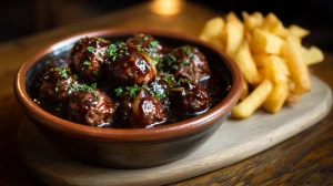 Boulettes à la liégeoise ou boulets sauce lapin, spécialité culinaire de Liège, ces boulettes de viandes belges en sauce sont parfaites servies avec des frites.