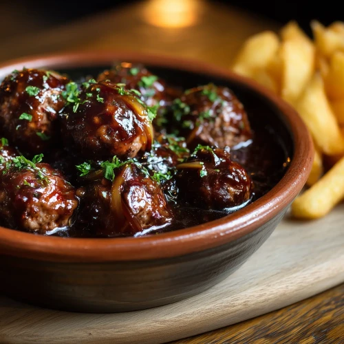 Boulettes à la liégeoise ou boulets sauce lapin, spécialité culinaire de Liège, ces boulettes de viandes belges en sauce sont parfaites servies avec des frites.