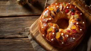 brioche de rois provençale, gâteau de l'épiphanie en forme de couronne avec des fruits confits sur une planche en bois vu du dessus avec les fruits confits bien visibles