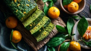 Cake épinards mandarines avec des tranches coupés, des feuilles d'épinard et des mandarines sur une planche en bois.