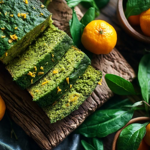 Cake épinards mandarines avec des tranches coupés, des feuilles d'épinard et des mandarines sur une planche en bois.