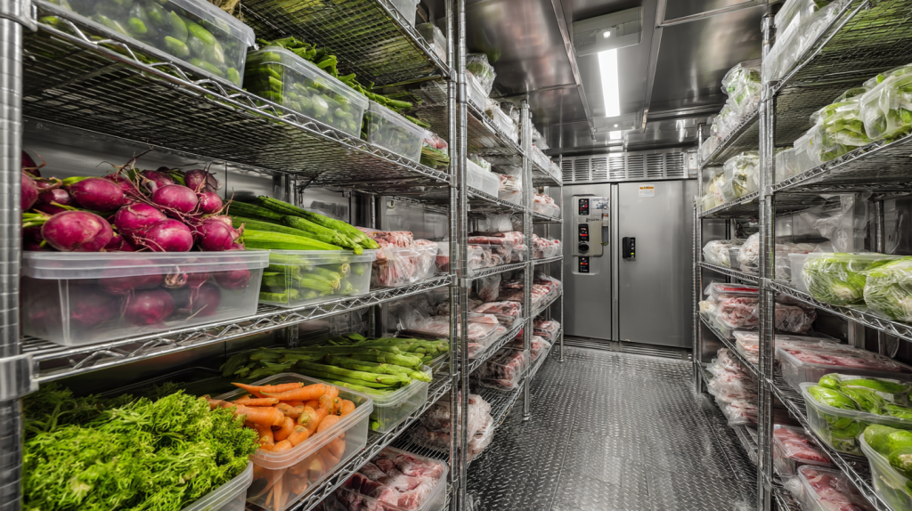 Intérieur de chambre froide industrielle avec des produits frais, fruits et légumes