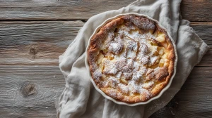 clafoutis à la rhubarbe parfumé au lait concentrés sucré, avec du sucre en poudre par-dessus