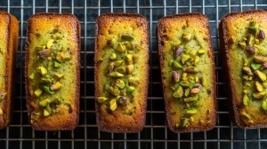 Financiers à la pistache sortis du four, bien dorés avec des éclats de pistache par dessus.