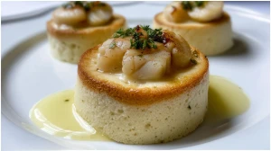 flan de pétoncles servi avec sa sauce sur une assiette blanche, façon restaurant gastronomique