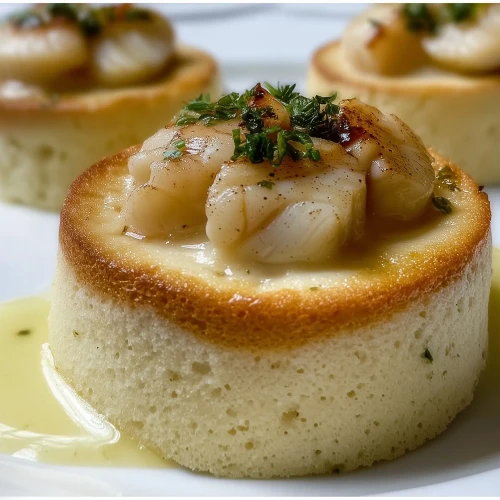 flan de pétoncles servi avec sa sauce sur une assiette blanche, façon restaurant gastronomique