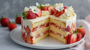 fraisier au chocolat blanc, avec les couches bien visible de crème diplomate au chocolat blanc, les fraises et la génoise.