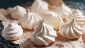 Meringues aux pignons, sorties du four, avec leur croûte de sucre croustillante bien blanche