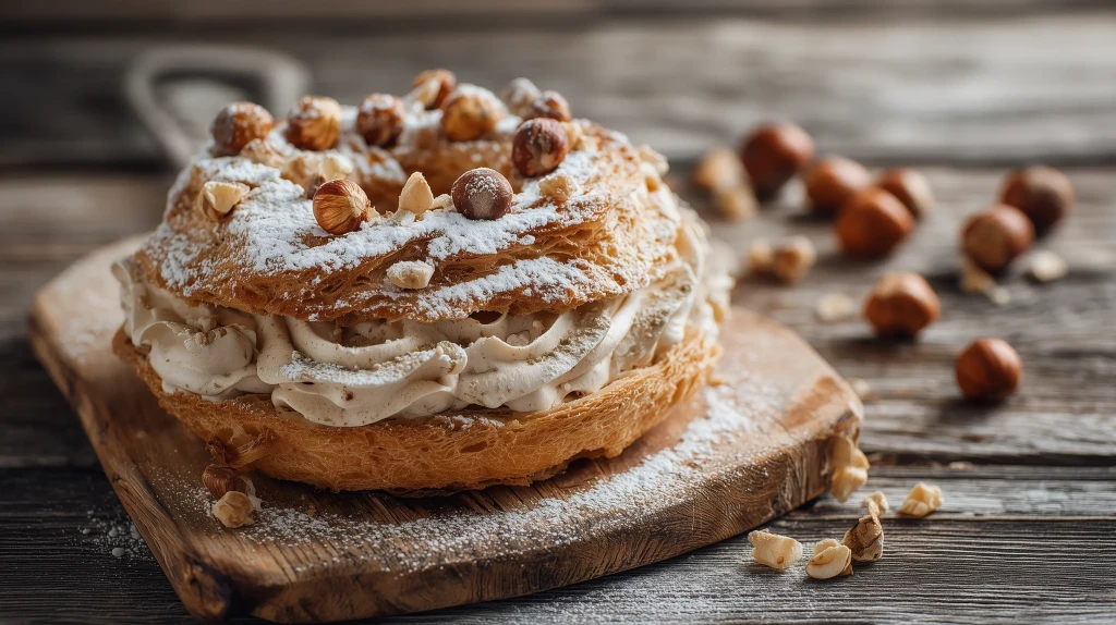 Paris-Brest praliné, le célèbre dessert français à base de pâte à chou et de crème légère, présenté ici avec des éclats de noisettes
