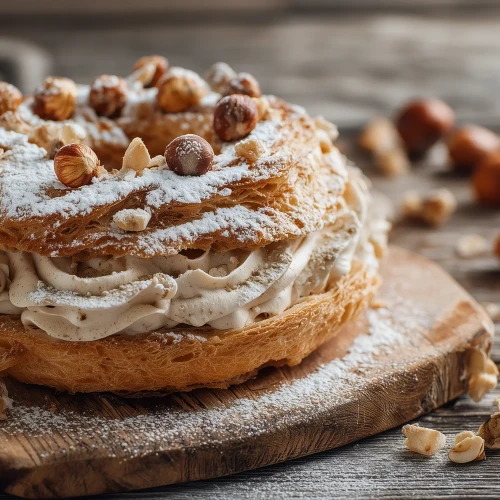 Paris-Brest praliné, le célèbre dessert français à base de pâte à chou et de crème légère, présenté ici avec des éclats de noisettes