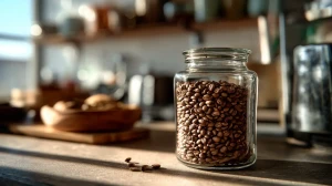 café en grains dans un bocal, dans une cuisine moderne