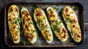 Courgettes farcies ricotta comté, sorties du four dans un plat, avec du fromage fondu, bien doré.