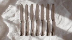 couteaux de table alignés sur une nappe, symbole du bon goût français dont la coutellerie est réputée dans le monde entier notamment avec la ville de Thiers