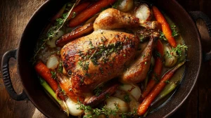 Faisan moelleux en cocotte cuit avec des carottes et des oignons et présenté avec des herbes fraiches directement dans une cocotte en fonte