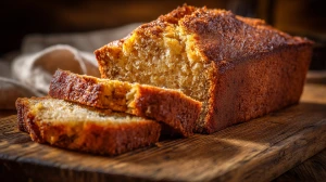 Gâteau moelleux à la banane avec des tranches coupées, texture moelleuse et bien dorée, tranches coupées du gâteau servi sur une planche en bois