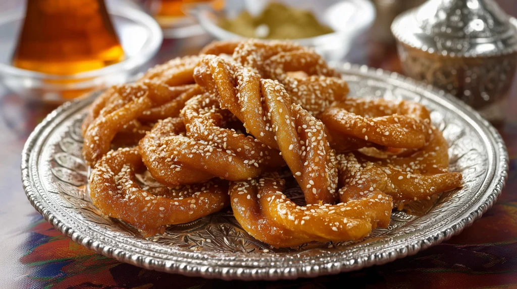 griwech algérien sur un plat oriental. bien dorés avec des graines de sésame comme en Algérie, pâtisserie de DZ trop bonne