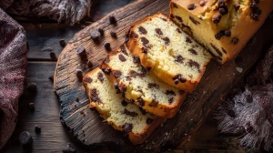 Moelleux au fromage blanc et pépites de chocolat coupé en tranche, cuit dans un moule à cake, présenté sur une planche en bois