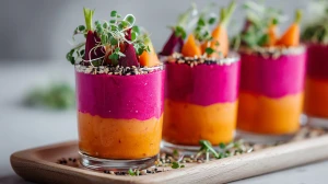 Mousse à la betterave et à la carotte en verrine, servie avec des pousses et des morceaux de betterave dans des verrines, façon apéritif dinatoire
