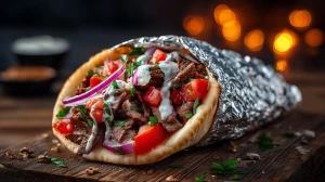 Sandwich Donair, originaire du Liban et typique au Canada, avec son pain libanais ou pain pita, sa viande de boeuf et ses petits légumes et biensur sa sauce sucrée unique, servie dans un papier d'aluminium pour le confort