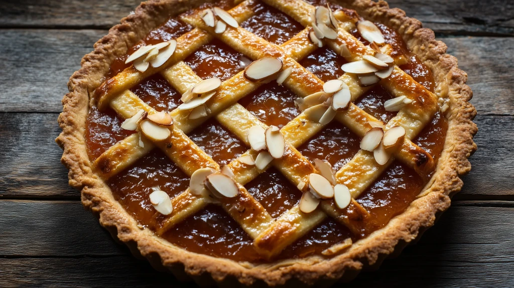 tarte à la confiture d'abricots et aux amandes, sortie du four, bien dorée, avec des lanières de pâte dessus et des amandes éfilées, servie sur une table en bois rustique
