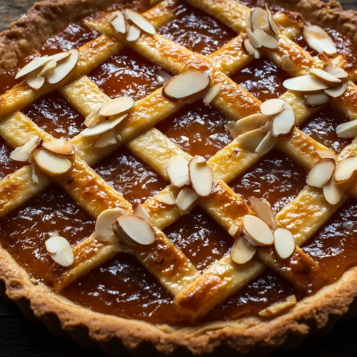 tarte à la confiture d'abricots et aux amandes, sortie du four, bien dorée, avec des lanières de pâte dessus et des amandes éfilées, servie sur une table en bois rustique