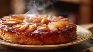 tarte Tatin, tarte aux pommes renversée, avec des pommes bien caramélisées, à servir encore chaude avec une boule de glace à la vanille