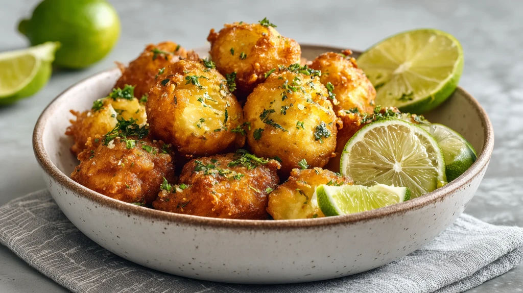 accras de morue servis avec du citron vert et des herbes fraîches