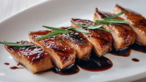 Aiguillettes de foie gras au vinaigre balsamique dans une assiette gastronomique