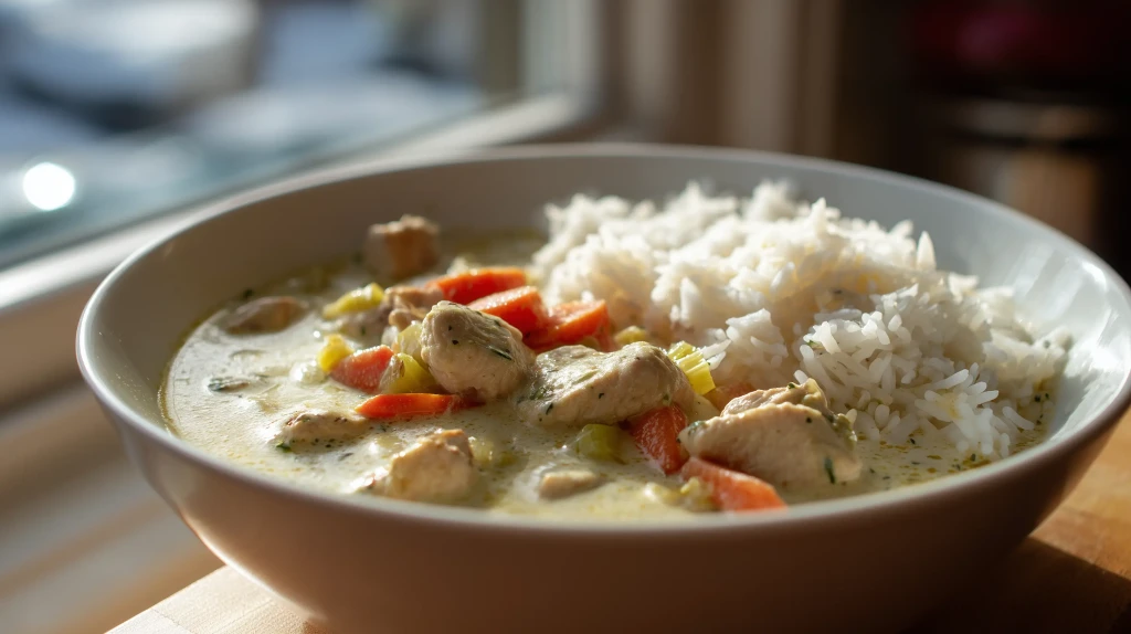 blanquette de dinde servie avec du riz dans une assiette creuse