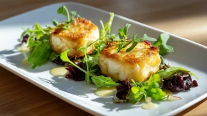 Salade de bricks de chèvre à la truffe blanche servie dans une assiette blanche rectangulaire avec une présentation gastonomique